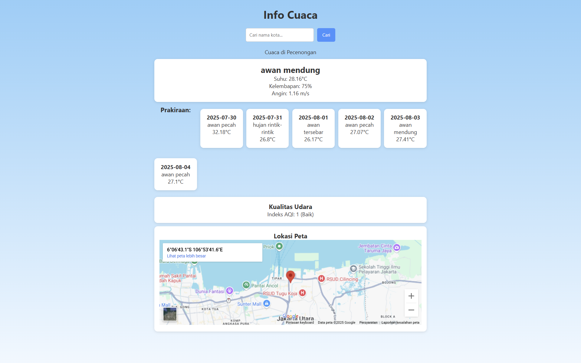Website aplikasi cuaca dengan tampilan colorful dan data real-time weather